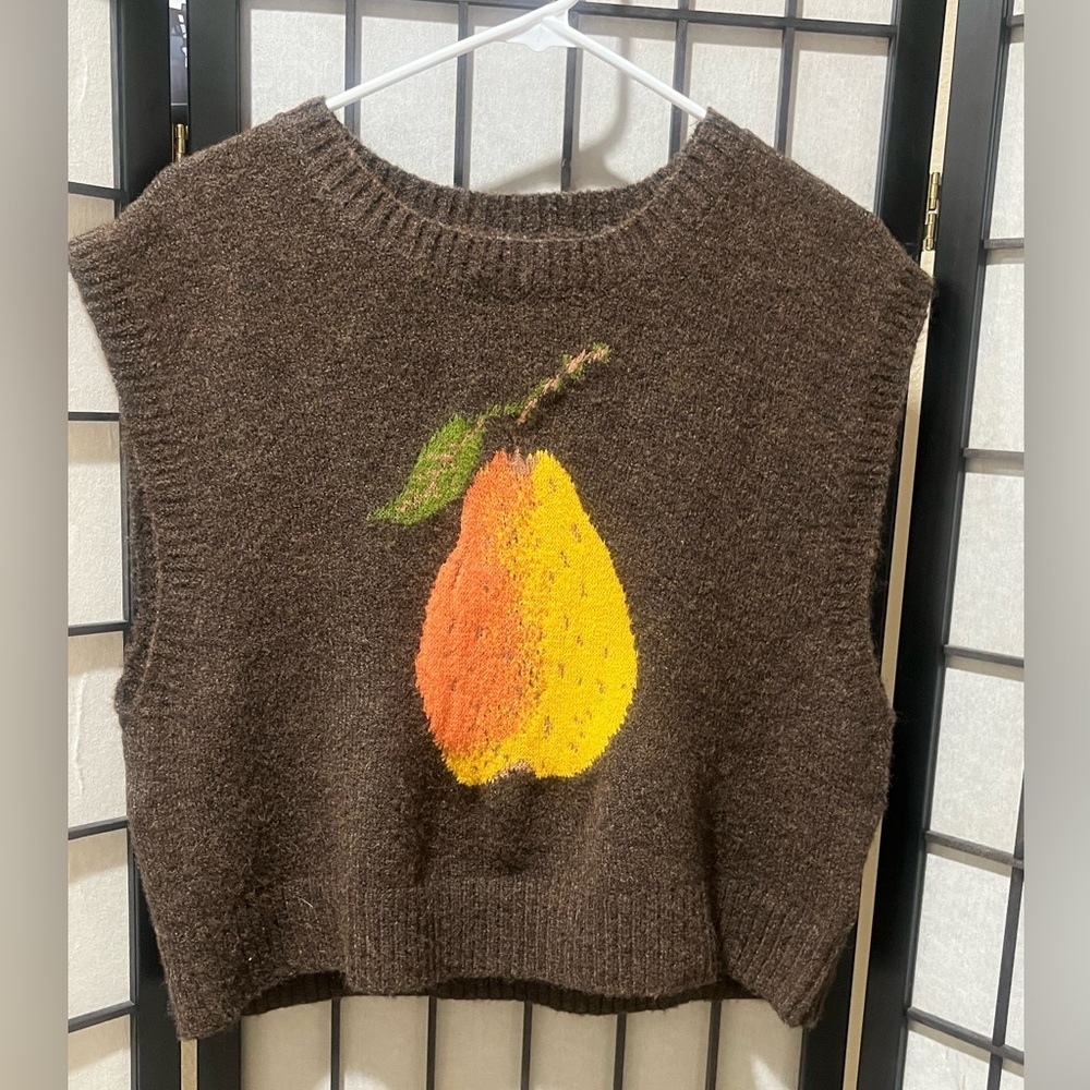 CIDER Brown Knit Sweater Vest with PEAR Fruit GRAPHIC WOMENS SIZE L - Picture 4 of 9